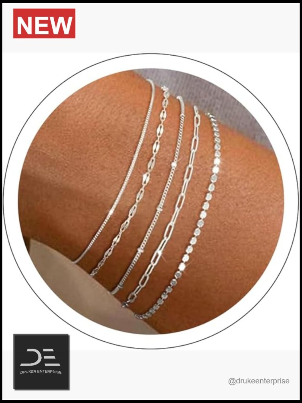 5-Piece Silver Plated Bracelet Set - Dainty Link Bracelets for Women
